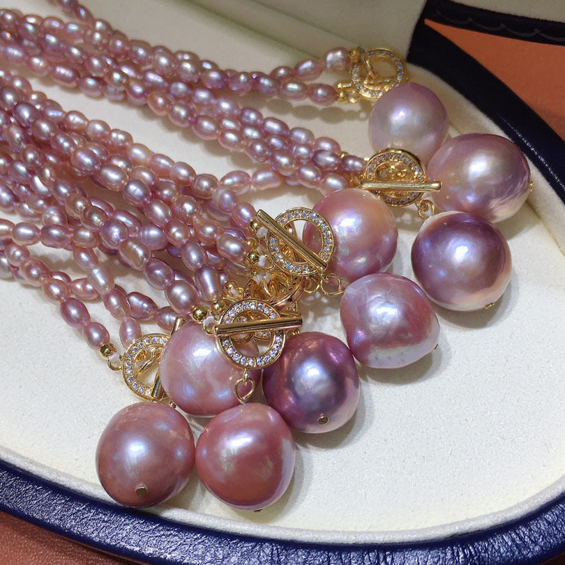 Natural Baroque Freshwater Pearl Necklace, 4-12mm Purple Rice Pearls with OT Clasp, Trendy Fashion Western Style