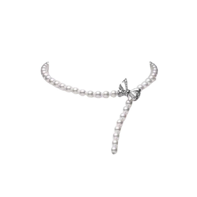 French retro natural freshwater pearl necklace female bow nearly round simple fashion personality Internet celebrities with the same style
