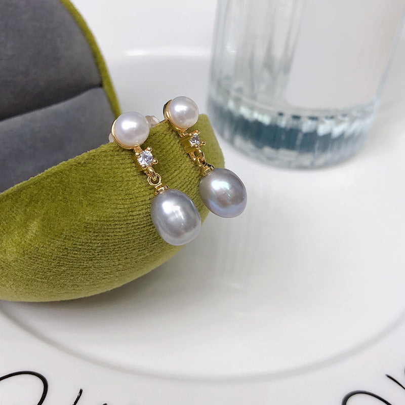 Double beads new freshwater pearl stud earrings women's fresh and versatile jewelry niche design sense popular pearl earrings wholesale