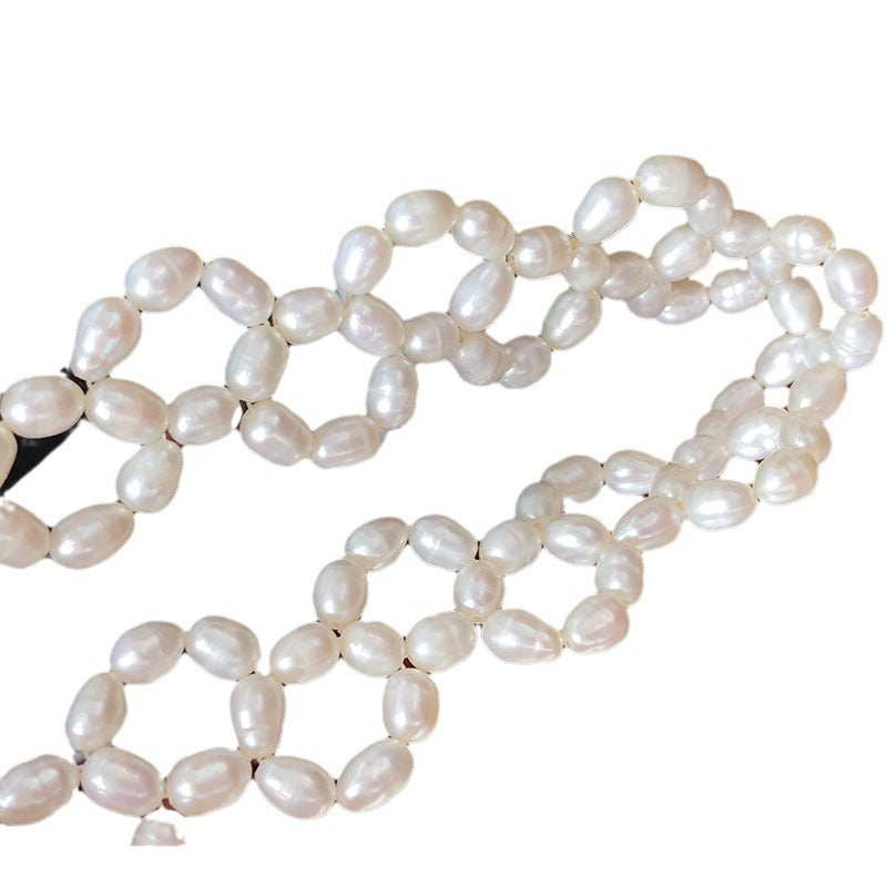 French style vintage natural freshwater pearl necklace hand-woven rice-shaped pearl clavicle chain
