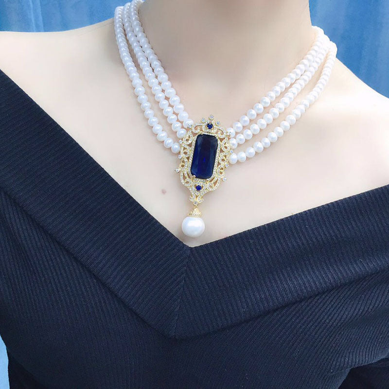 French retro freshwater pearl necklace female white versatile multi-layer fashion personality retro court style French style