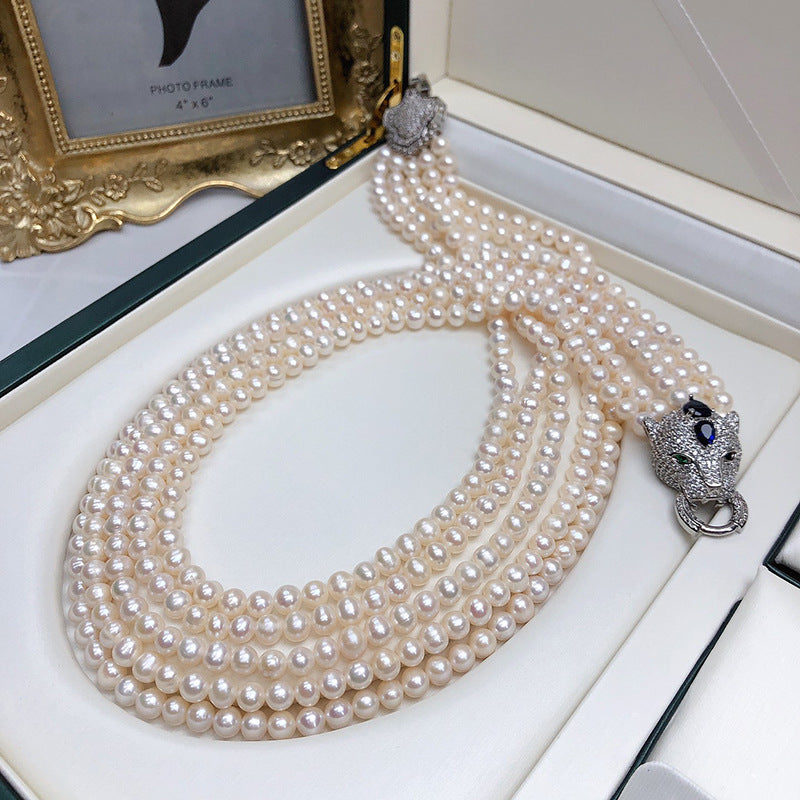 French Vintage Multi-Layer Freshwater Pearl Necklace, Sweater Chain