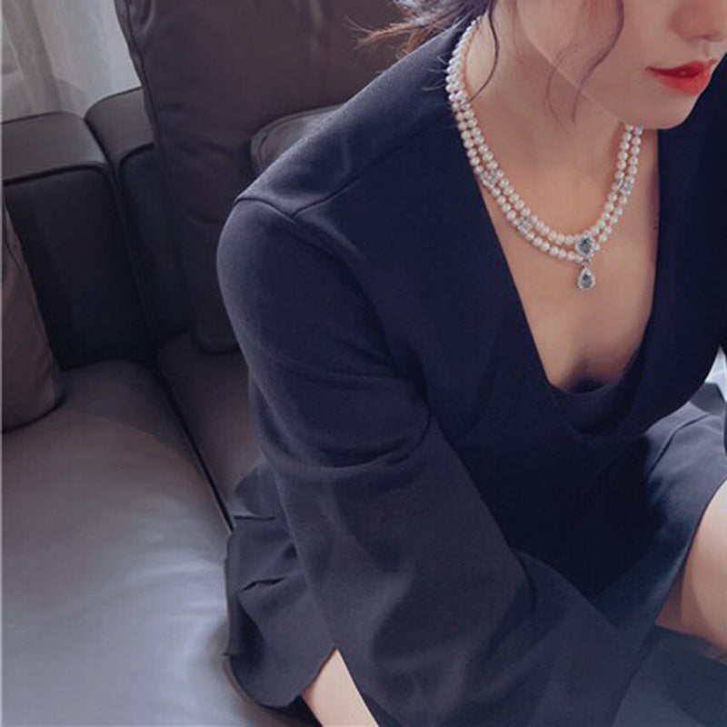 Natural freshwater pearl clavicle necklace fashionable versatile jewelry double layer small Chanel style dress wedding necklace