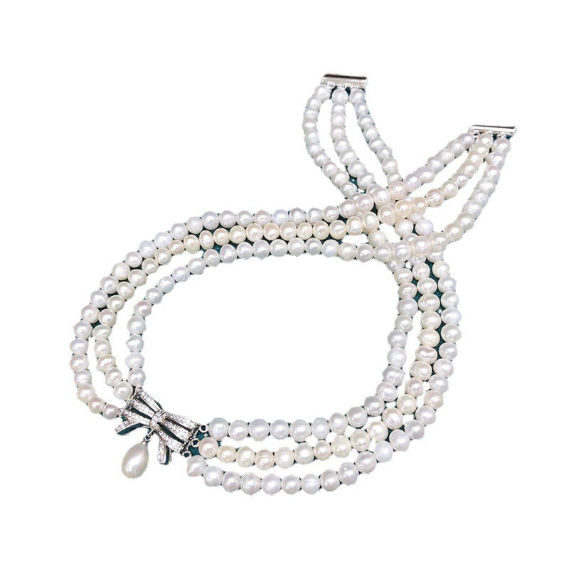 Vintage freshwater pearl three-layer fashionable versatile jewelry niche design pearl clavicle necklace wholesale
