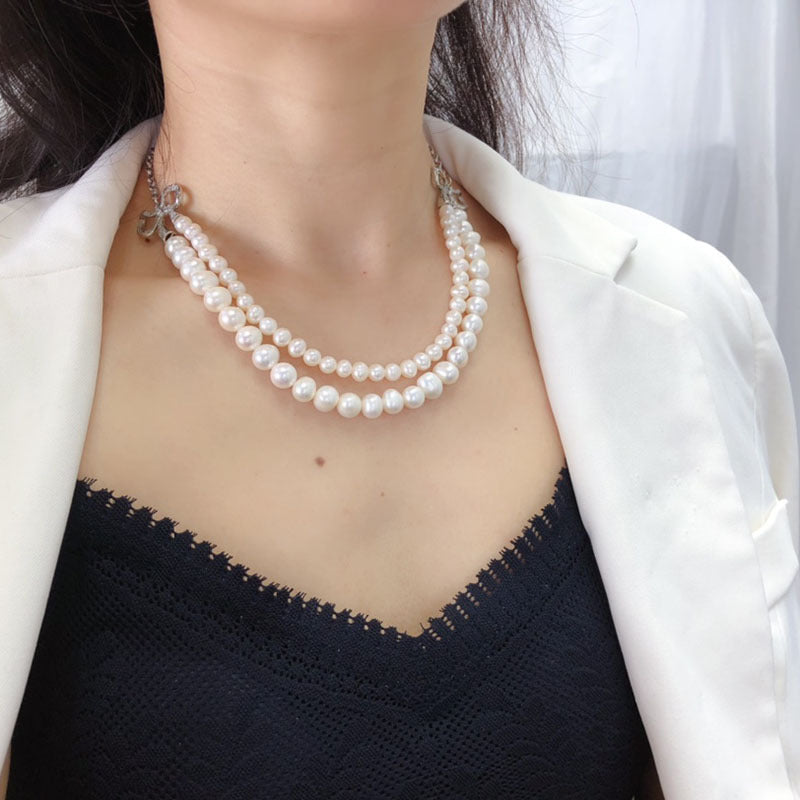 Natural double-layer freshwater pearl necklace, fashionable and versatile, niche design, adjustable