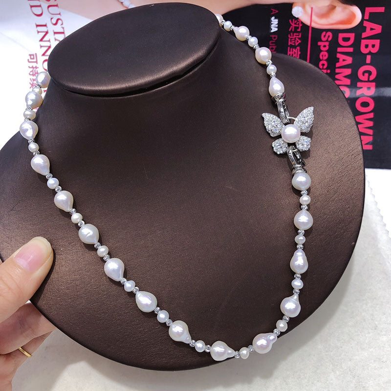 Baroque natural freshwater pearl butterfly necklace