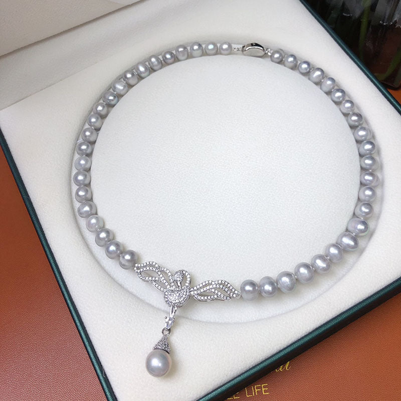 Freshwater pearl necklace fashionable and versatile jewelry full of diamonds micro-inlaid 8-9mm nearly round pearls