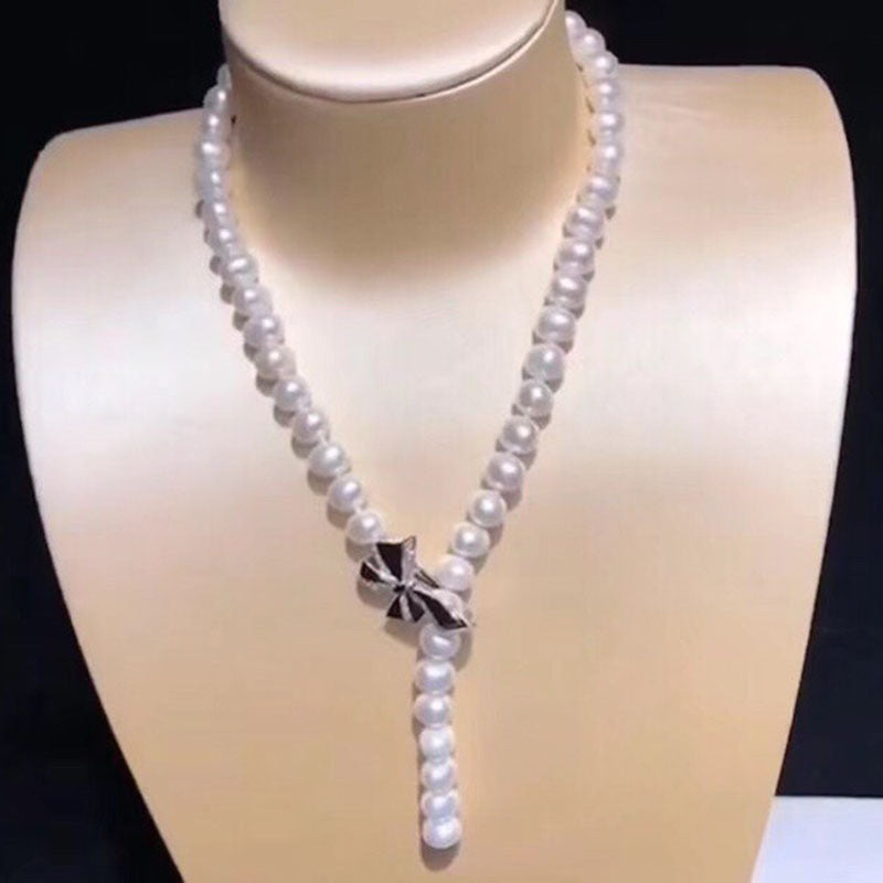 French retro natural freshwater pearl necklace female bow nearly round simple fashion personality Internet celebrities with the same style