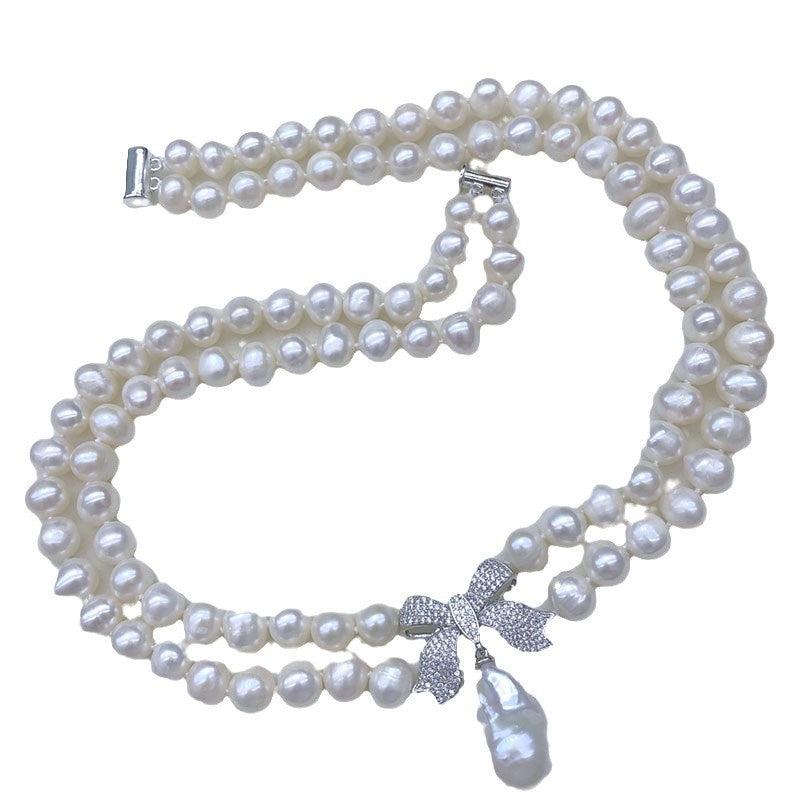 Natural Freshwater Pearl Necklace, Women's Versatile Multi-Layer Bowknot Princess Chain