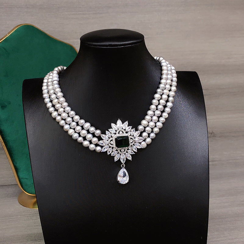 "Three-Layer Freshwater Pearl Necklace | Vintage Gray Choker for Women"