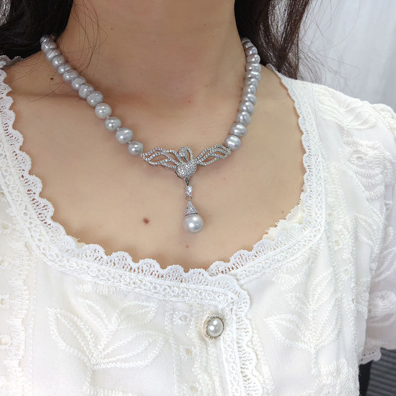 Freshwater pearl necklace fashionable and versatile jewelry full of diamonds micro-inlaid 8-9mm nearly round pearls
