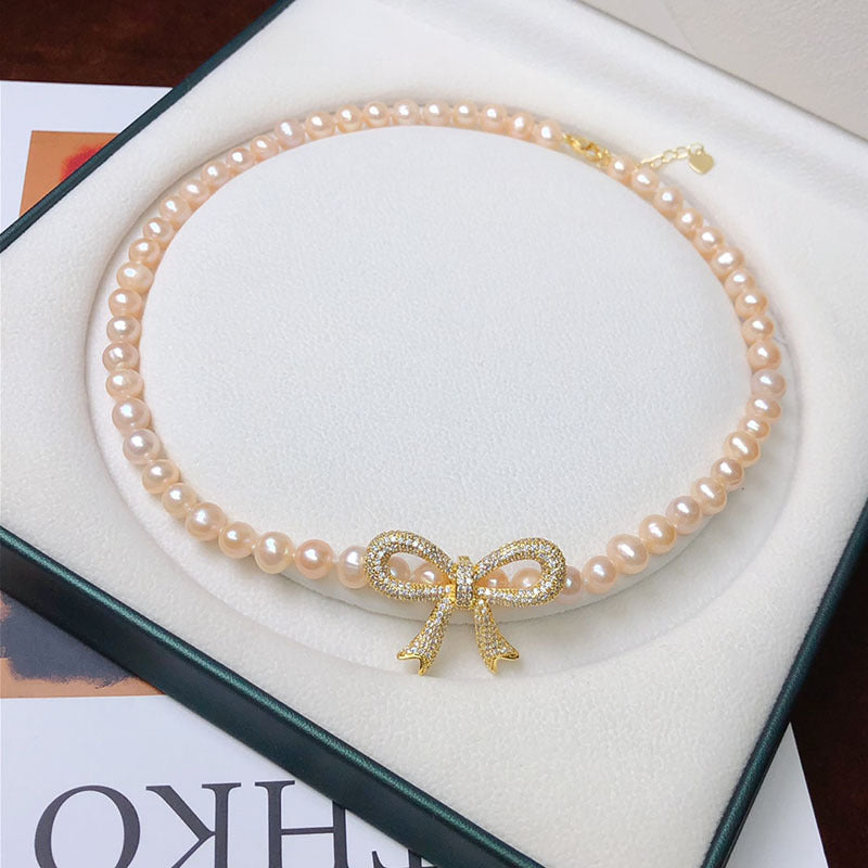 Bowknot Natural Freshwater Pearl Necklace, Women's Fashion Jewelry, Unique Design Pearl Choker