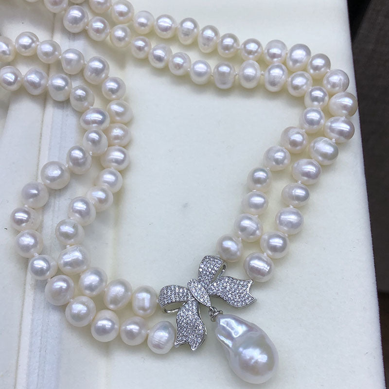 Natural Freshwater Pearl Necklace, Women's Versatile Multi-Layer Bowknot Princess Chain