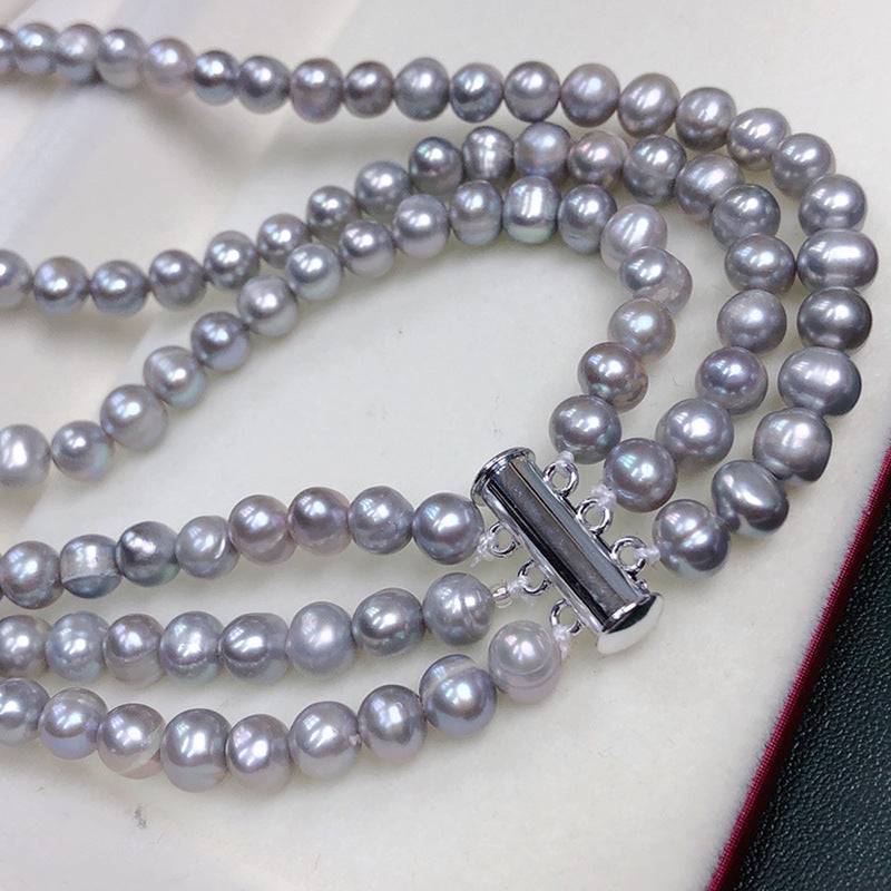 "Three-Layer Freshwater Pearl Necklace | Vintage Gray Choker for Women"