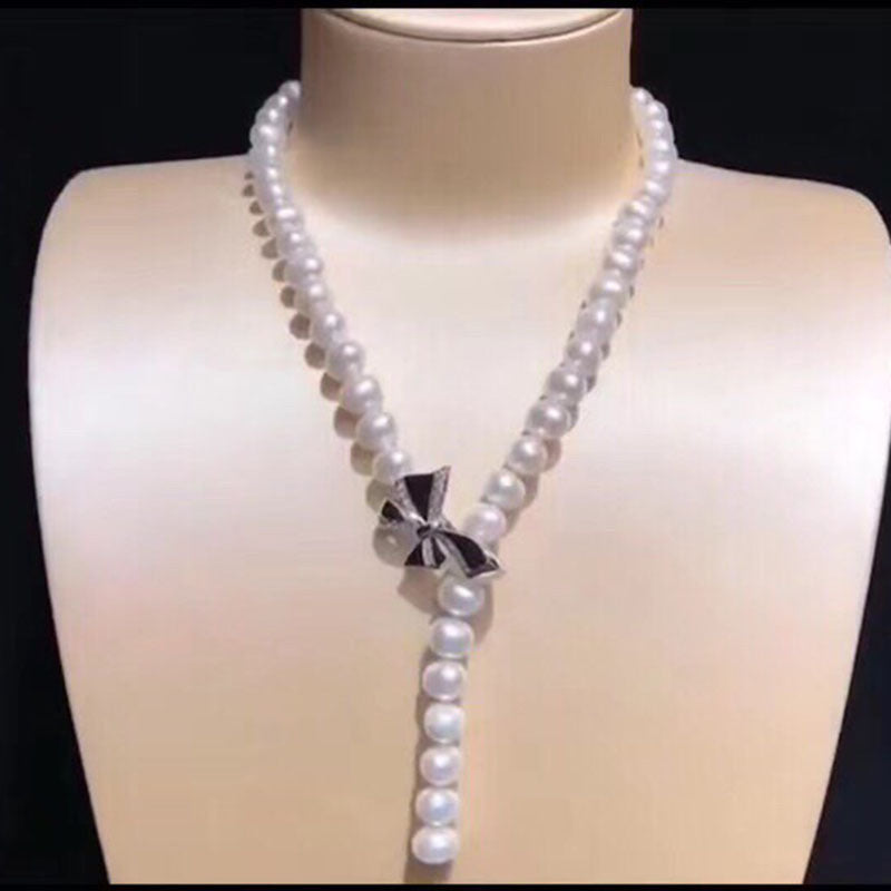 French retro natural freshwater pearl necklace female bow nearly round simple fashion personality Internet celebrities with the same style