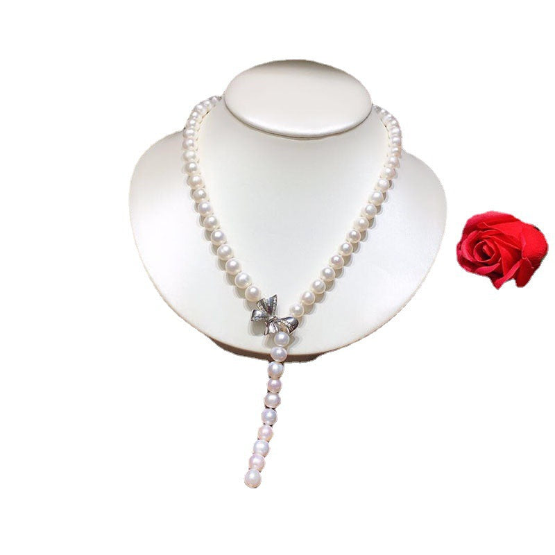 Freshwater Pearl Necklace for Women, 8-9mm, Adjustable Bowknot Clasp, Elegant Minimalist Choker