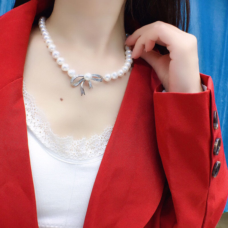 Natural freshwater pearl necklace female white bow niche design