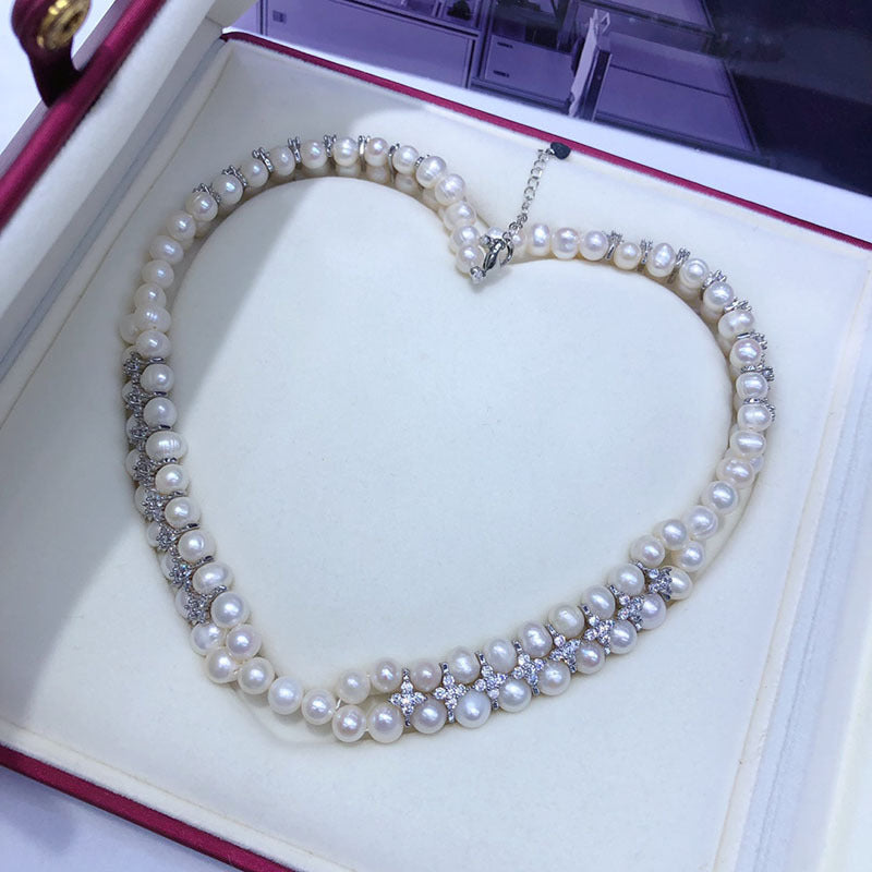 Freshwater pearls, rhinestones, petals, skirt clavicle necklace