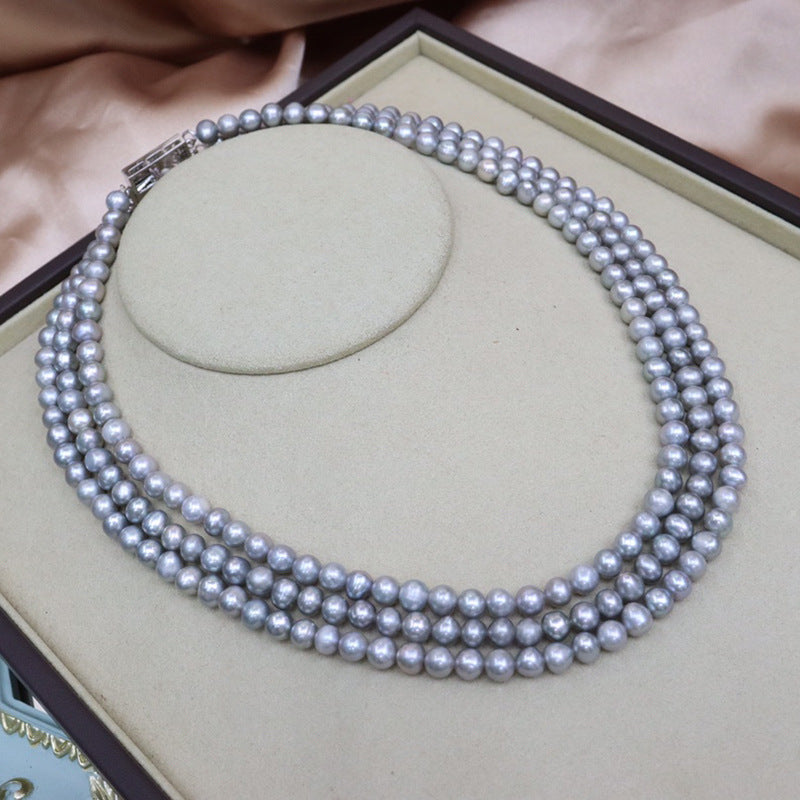 Freshwater Pearl Necklace Grey Light Luxury French Three-layer Necklace Clavicle Chain