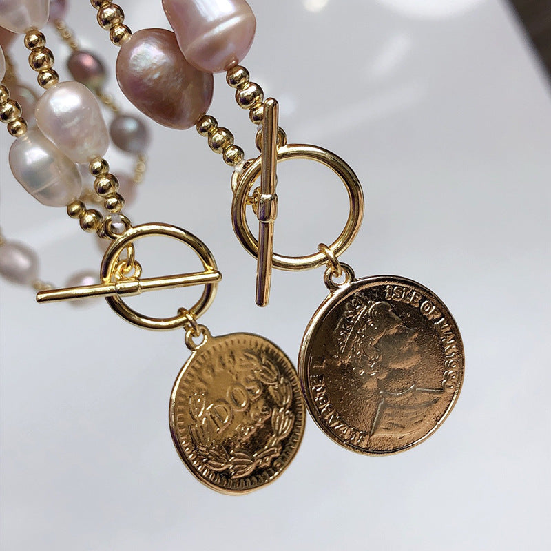 "Baroque Pearl Sweater Necklace | Vintage Coin Pendant with OT Clasp"