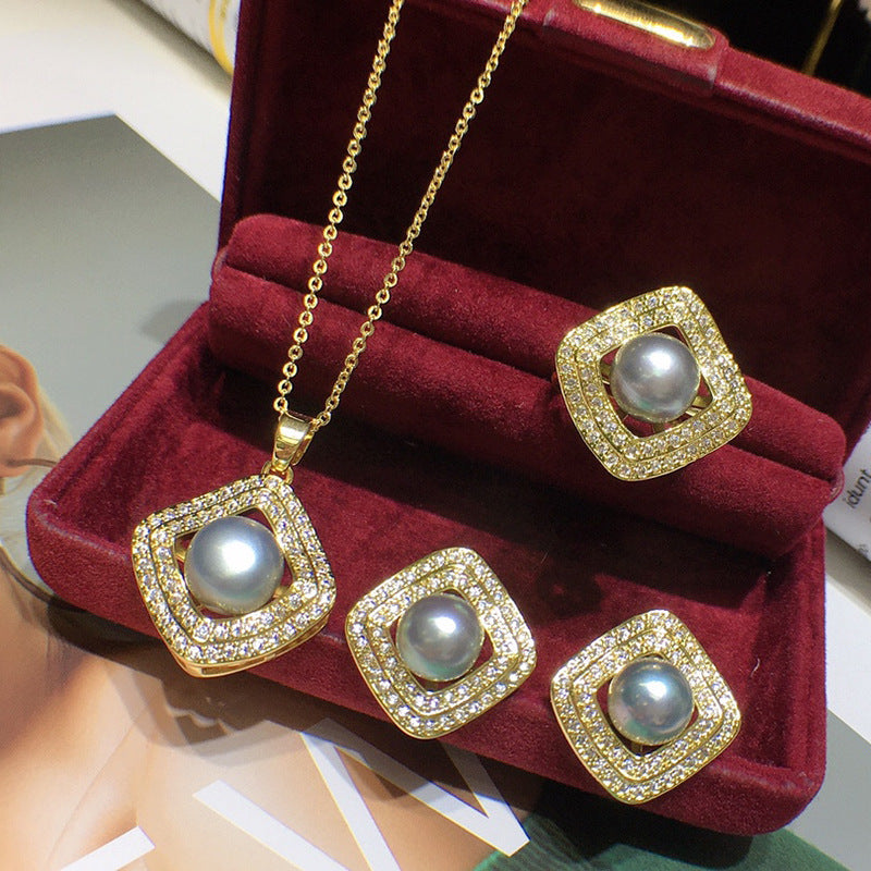 High Luster Freshwater Pearl Set - 18k Gold, Micro-Pave Diamonds, Holiday Gift