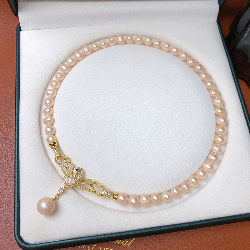 Freshwater pearl necklace fashionable and versatile jewelry full of diamonds micro-inlaid 8-9mm nearly round pearls