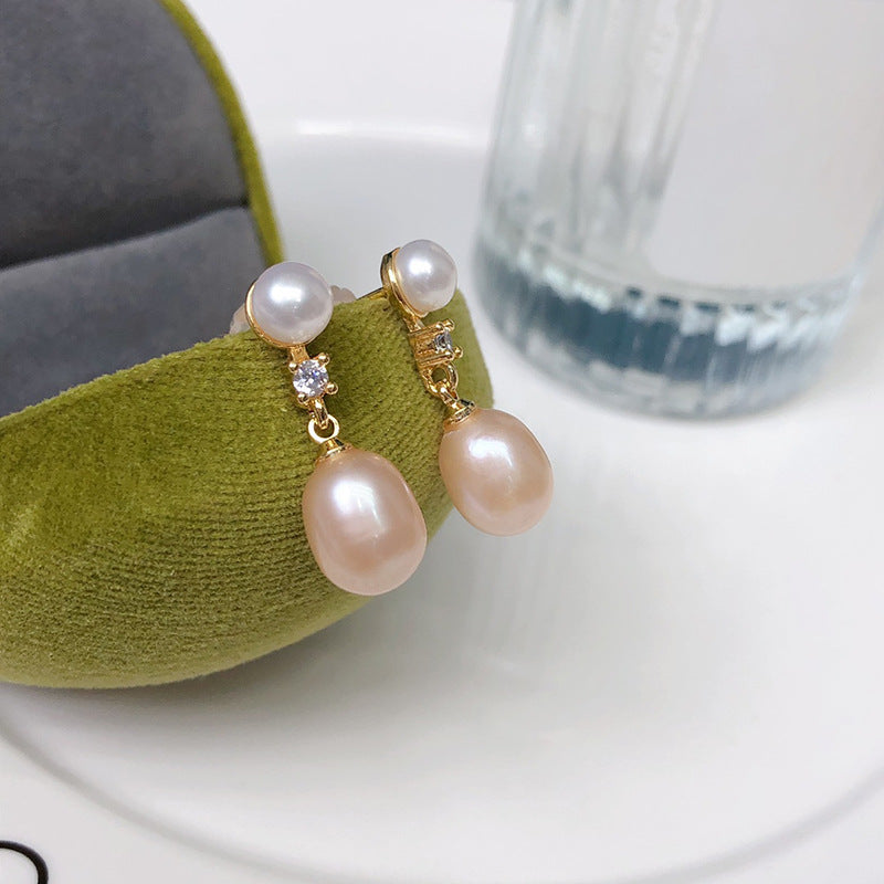Double beads new freshwater pearl stud earrings women's fresh and versatile jewelry niche design sense popular pearl earrings wholesale