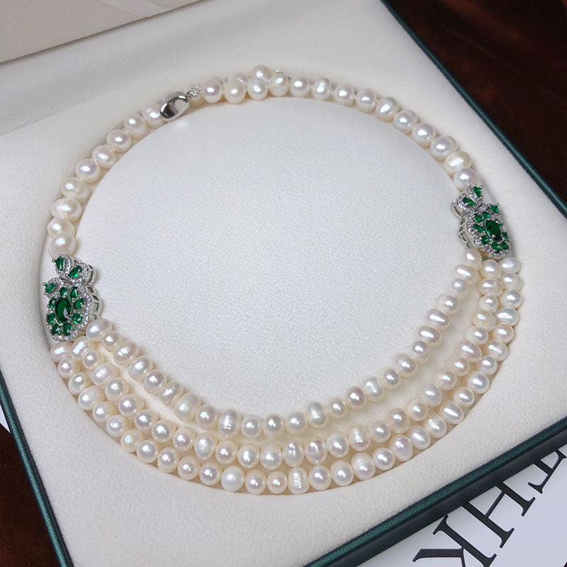 Natural freshwater pearl necklace for women retro three-layer short fashion jewelry niche design
