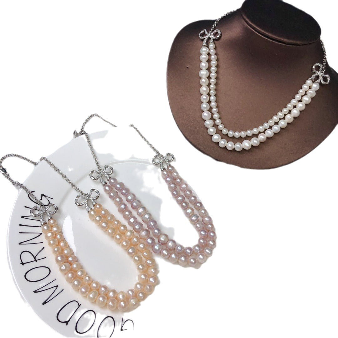 Natural double-layer freshwater pearl necklace, fashionable and versatile, niche design, adjustable