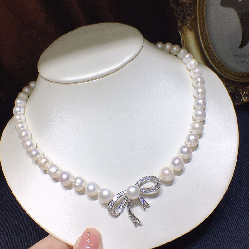 Natural freshwater pearl necklace female white bow niche design