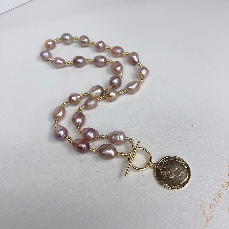 "Baroque Pearl Sweater Necklace | Vintage Coin Pendant with OT Clasp"