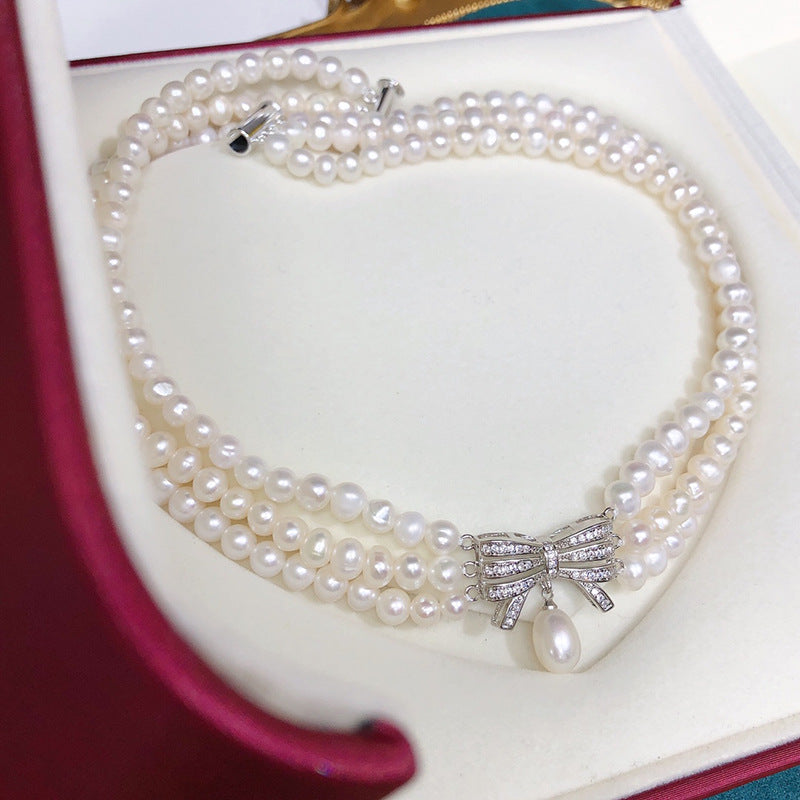 Vintage freshwater pearl three-layer fashionable versatile jewelry niche design pearl clavicle necklace wholesale