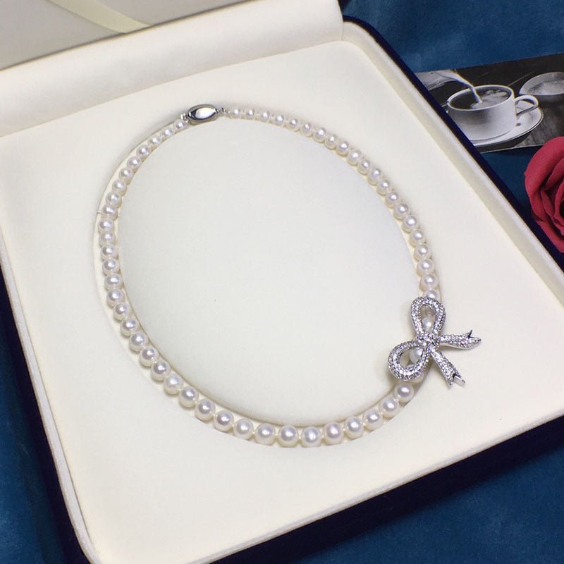 Bowknot Natural Freshwater Pearl Necklace, Women's Fashion Jewelry, Unique Design Pearl Choker