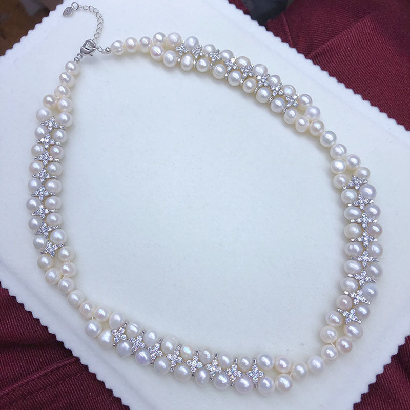 Freshwater pearls, rhinestones, petals, skirt clavicle necklace