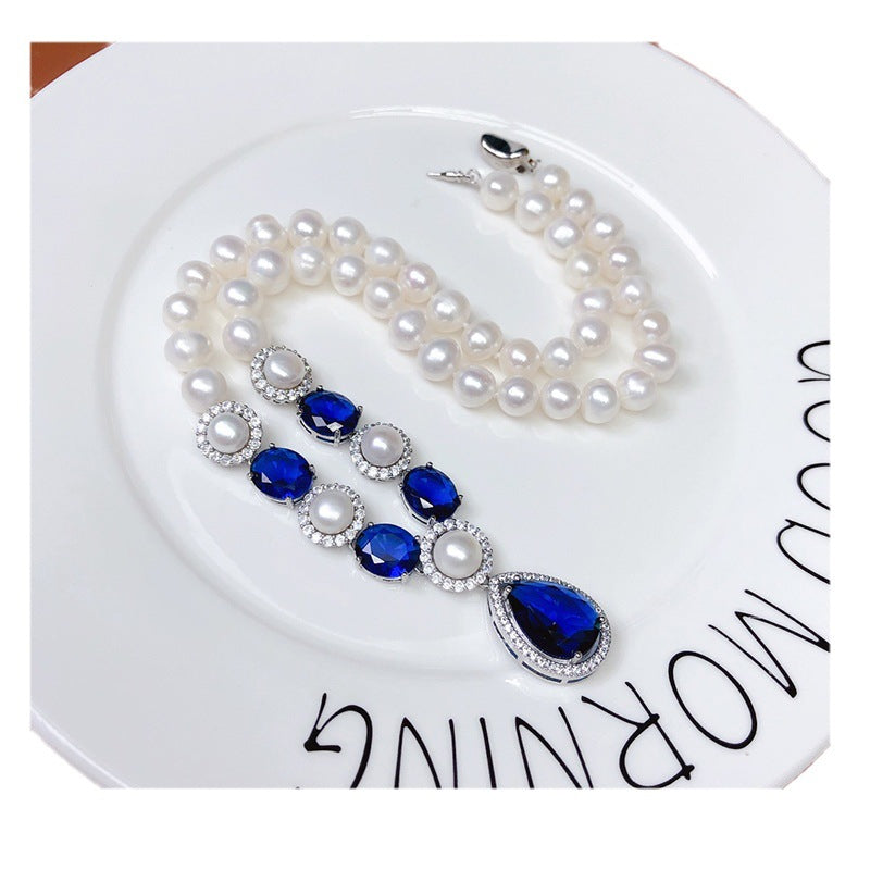 Natural freshwater pearl necklace simple fashion sapphire inlaid clavicle chain