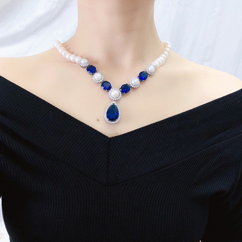 Natural freshwater pearl necklace simple fashion sapphire inlaid clavicle chain