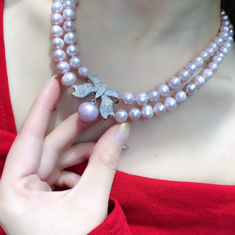 Vintage double-layer natural freshwater pearl purple versatile bow clavicle necklace