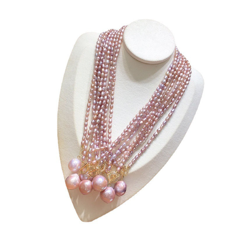 Natural Baroque Freshwater Pearl Necklace, 4-12mm Purple Rice Pearls with OT Clasp, Trendy Fashion Western Style