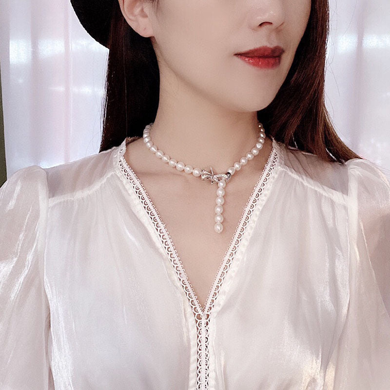 French retro natural freshwater pearl necklace female bow nearly round simple fashion personality Internet celebrities with the same style
