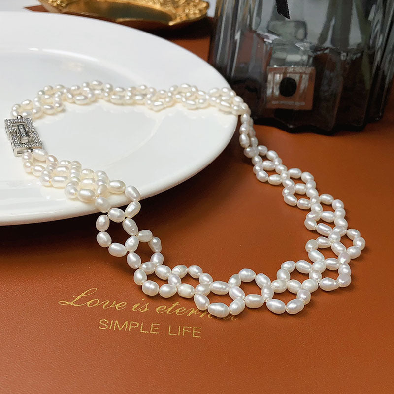 French style vintage natural freshwater pearl necklace hand-woven rice-shaped pearl clavicle chain