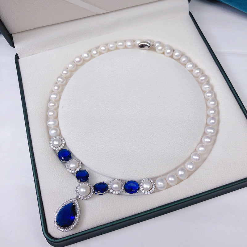 Natural freshwater pearl necklace simple fashion sapphire inlaid clavicle chain