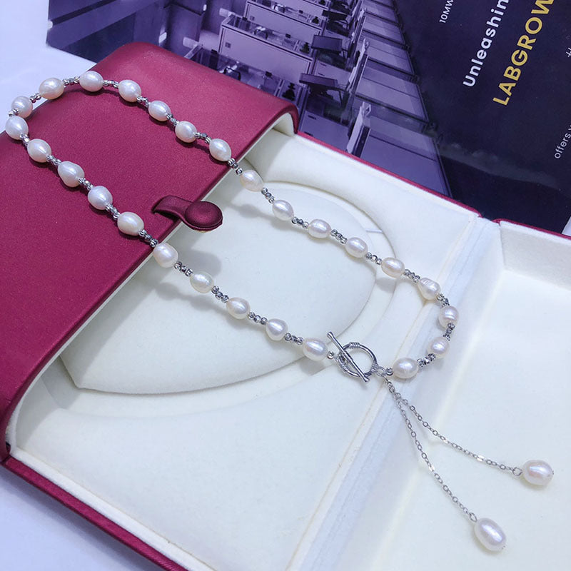Natural freshwater rice-shaped fashionable versatile OT buckle short pearl clavicle necklace