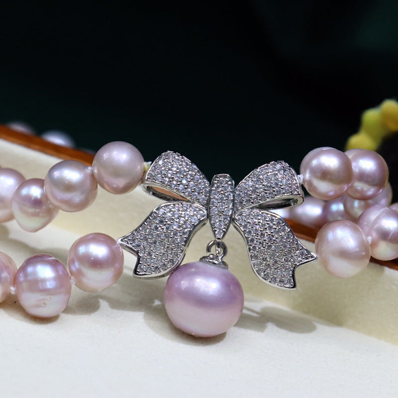 Vintage double-layer natural freshwater pearl purple versatile bow clavicle necklace