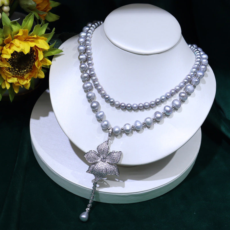 Freshwater pearl necklace wholesale women's Japanese and Korean light luxury double-layer gray beads mix and match fashionable simple neck chain