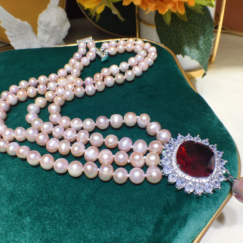Natural freshwater pearl necklace female purple retro double-layer versatile jewelry light luxury niche cold wind collarbone chain