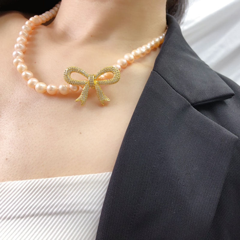 Bowknot Natural Freshwater Pearl Necklace, Women's Fashion Jewelry, Unique Design Pearl Choker