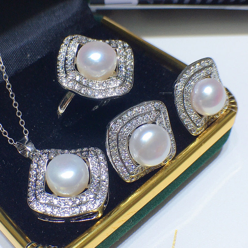High Luster Freshwater Pearl Set - 18k Gold, Micro-Pave Diamonds, Holiday Gift