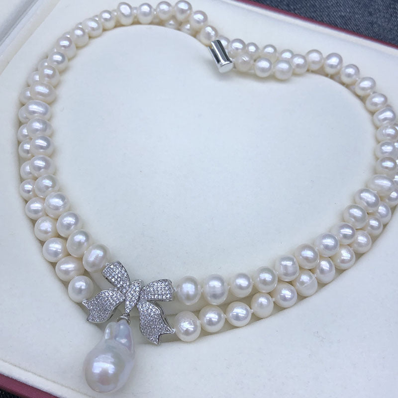 Natural Freshwater Pearl Necklace, Women's Versatile Multi-Layer Bowknot Princess Chain