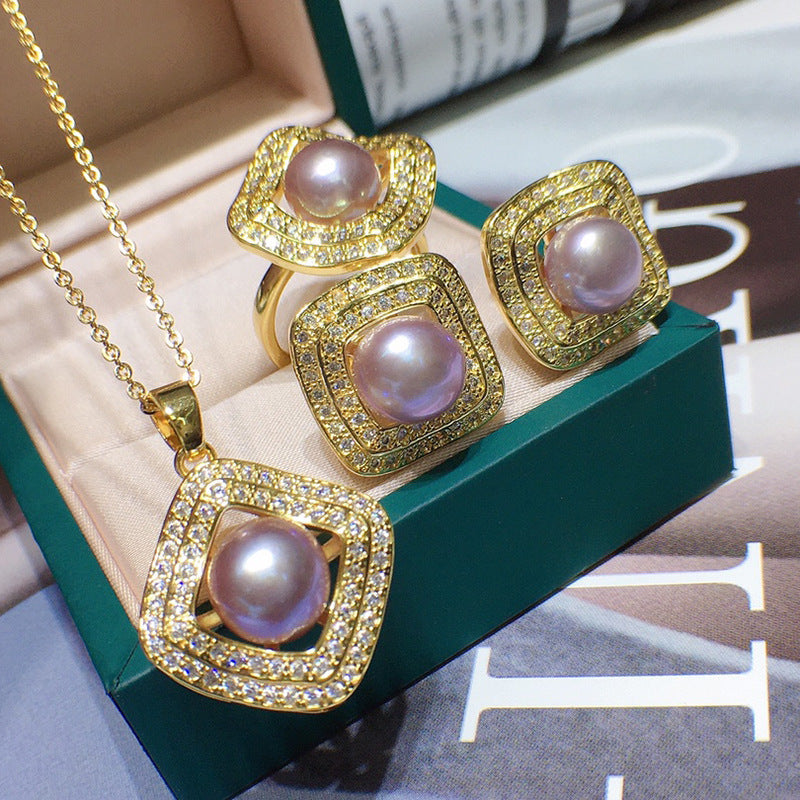 High Luster Freshwater Pearl Set - 18k Gold, Micro-Pave Diamonds, Holiday Gift