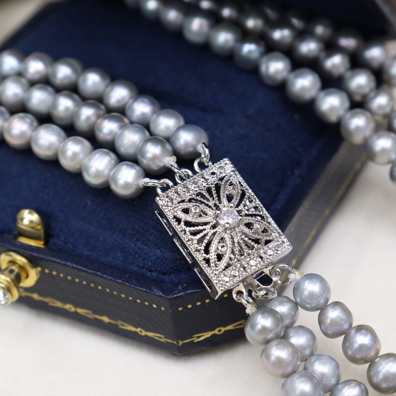 Freshwater Pearl Necklace Grey Light Luxury French Three-layer Necklace Clavicle Chain